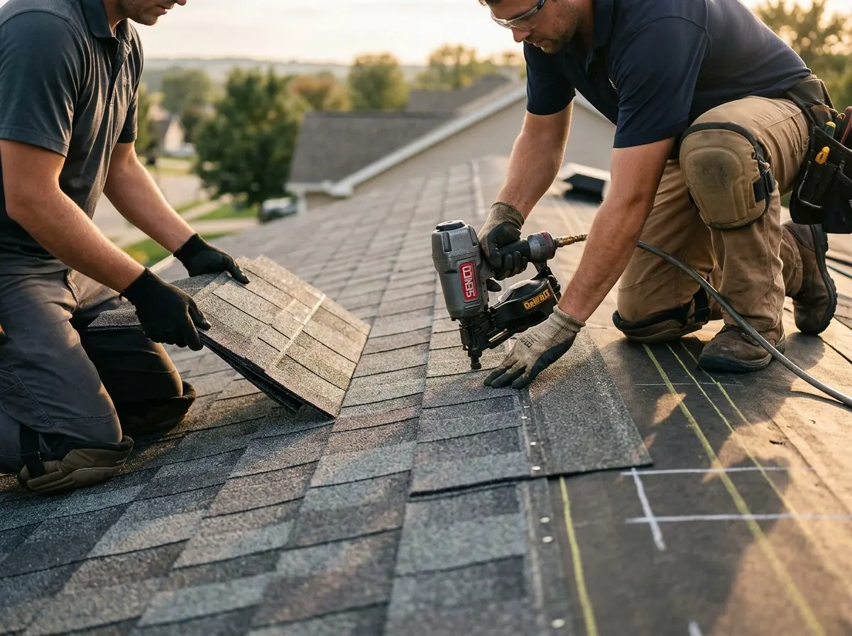 Professional roofer working on a residential roof in University of California-Davis